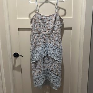 Light blue and tan lace midi dress